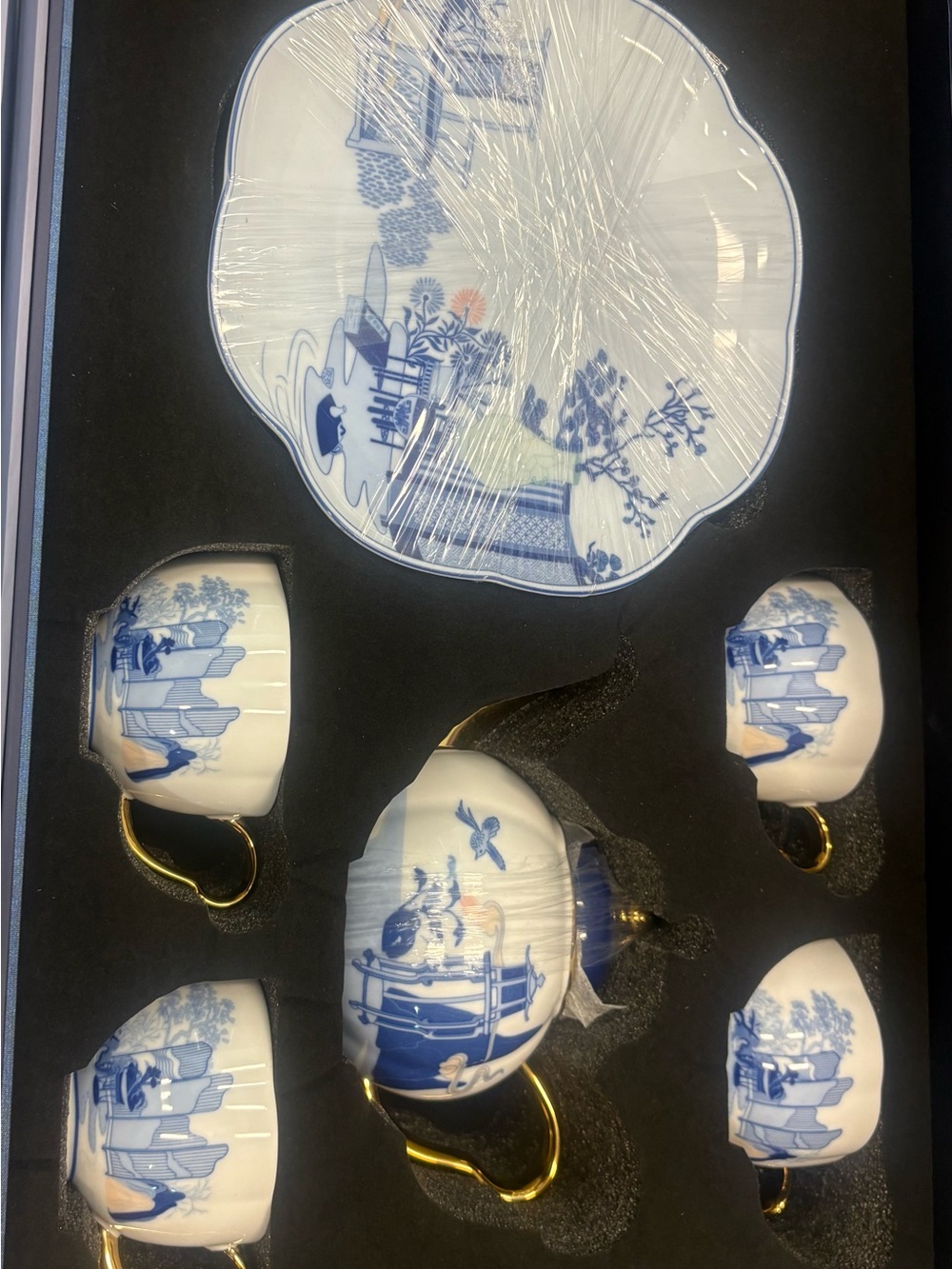 Blue and White Porcelain Tea Cup Set with Gold Handles